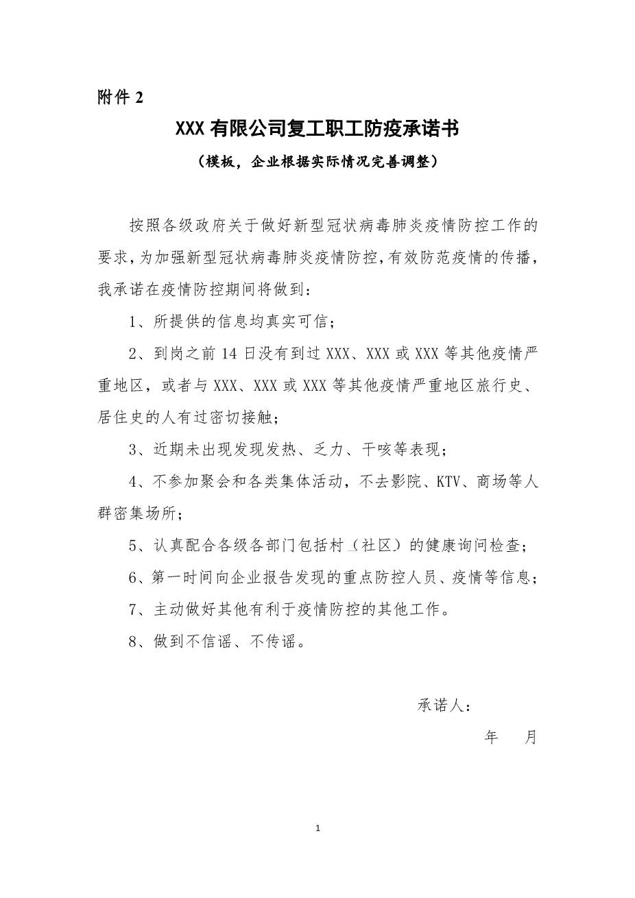 附件2：XXX有限公司复工职工防疫承诺书（模板，企业根据实际情况完善调整）1