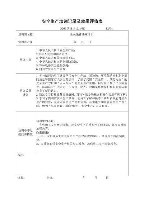 5-9.安全培训记录效果评估表（全员法律法规培训）