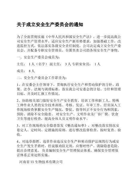关于成立安全生产委员会的文件