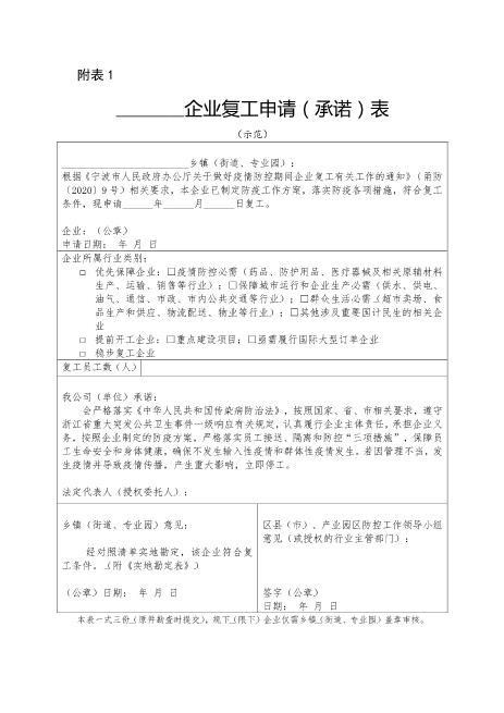 企业复工申请（承诺）表