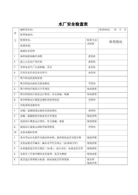 自来水厂安全检查表
